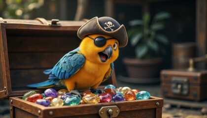 Vibrant parrot dressed as pirate, complete with eyepatch and hat, sits on treasure chest. Adventure, treasure hunts, pirate stories. Children's books, educational materials, themed party invitations
