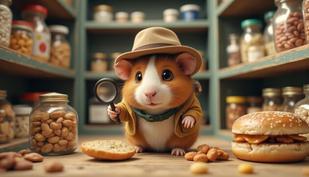 Cute cartoon guinea pig dressed as explorer, with big magnifying glass, standing in a pantry filled with jars of various nuts and snacks. Children's books, educational materials, marketing campaigns