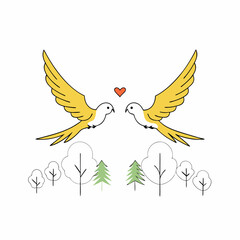 Romantic Yellow Birds Flying, Minimalist Love Illustration.