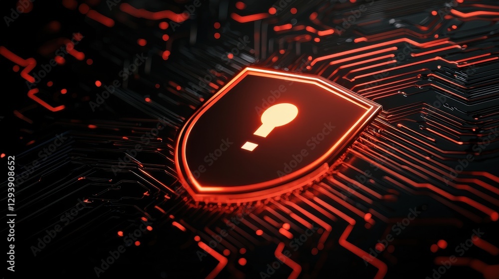 Poster a shield icon with a question mark is illuminated in red against a dark, circuit-like background, sy
