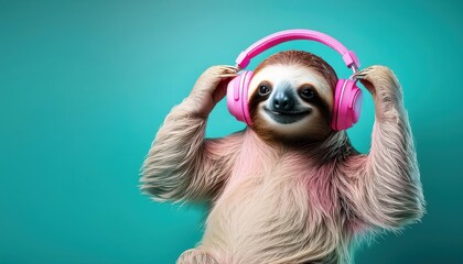Sloth DJ Dancing in Neon Pink Headphones Amidst a Vibrant Blue Turquoise Party Scene with Exotic Tropical Elements and Electrifying Energy