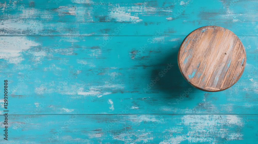 Poster wooden circular object on a textured turquoise background