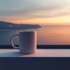 Obraz premium Sunrise Coffee Mug on Windowsill Ocean View