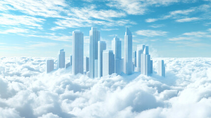 Fototapeta premium Futuristic city skyline above the clouds in a bright blue sky