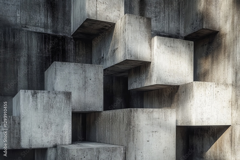 Poster interlocking concrete cubes create modern, abstract architecture.