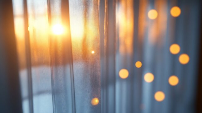 Sunset view through sheer curtains, warm lights - Powered by Adobe