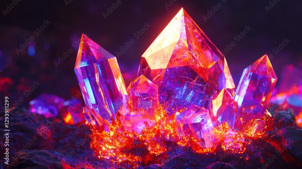 Poster stunning close-up of vibrant crystals illuminated with colorful lights on a dark surface creating an