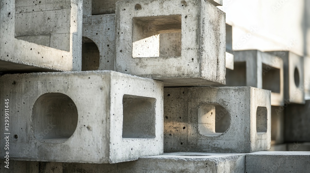 Poster interlocking concrete blocks with geometric cutouts stacked.
