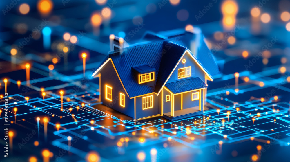 Poster digital house model on a circuit board with glowing lights