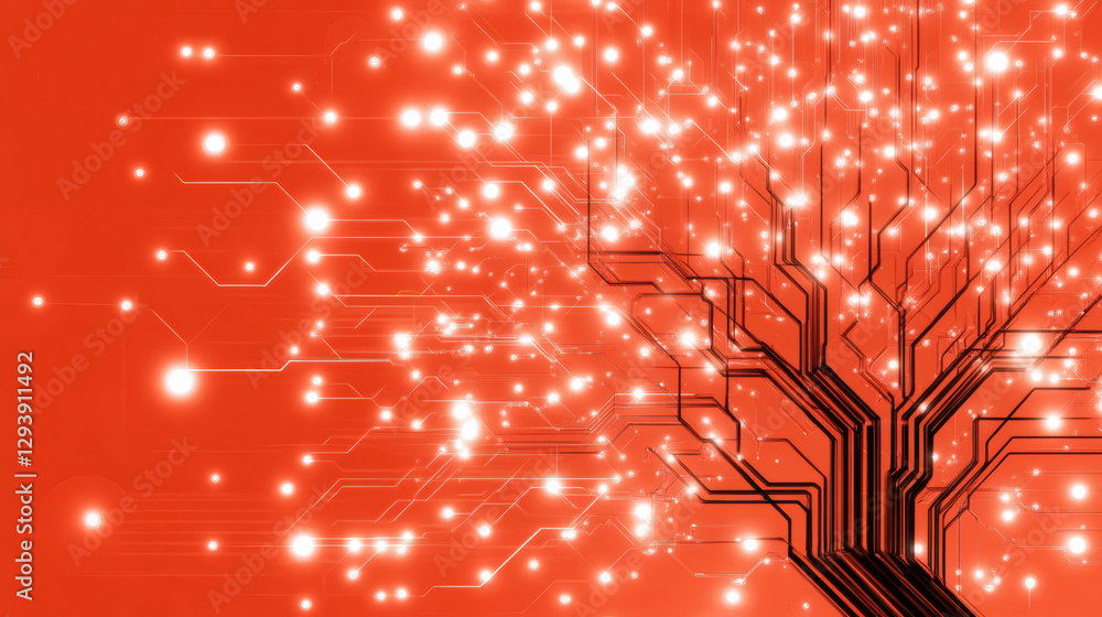 Aufkleber abstract circuit tree with glowing elements on a vibrant red background