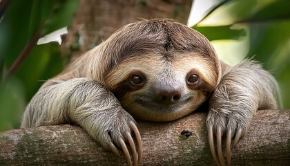 Fototapeta premium Relaxed Sloth Lounging on a Lush Costa Rican Tree Canopy, Capturing Tranquility and Serenity in an EcoAdventure Paradise