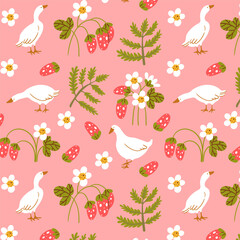 Seamless pattern with flowers, plants, geese