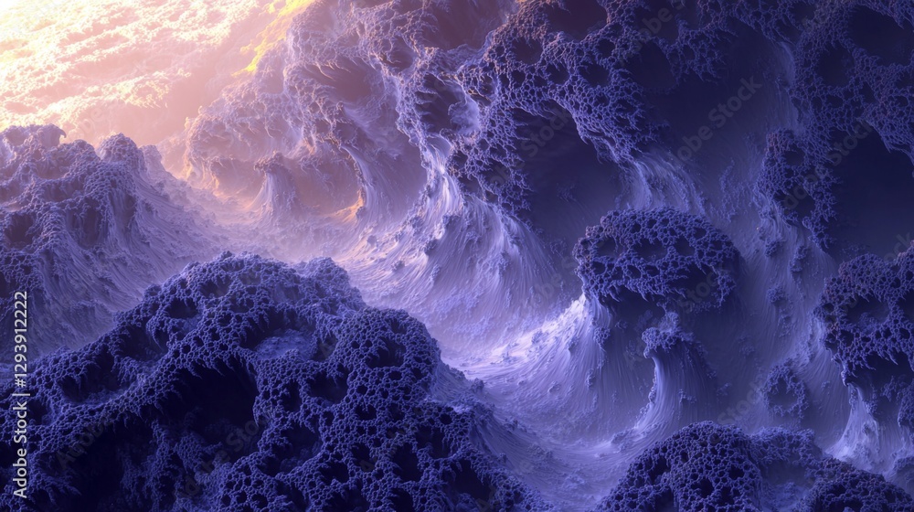 Poster abstract ocean waves with intricate patterns and textures in vivid purple and soft orange light duri