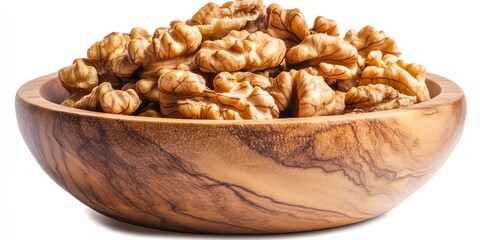 Fototapeta premium Walnuts in Wooden Bowl Close-up on White Background Healthy Snack