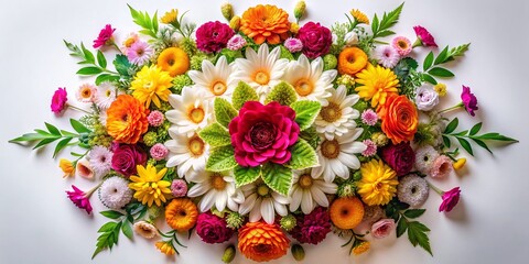Obraz premium Aerial View Festive Floral Arrangement, Colorful Flowers White Background, Overhead Drone Shot
