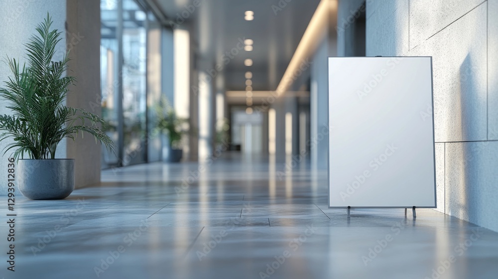 Poster A spacious corridor showcases sleek architecture with abundant natural light. A blank signage board stands against a backdrop of contemporary plants, enhancing the tranquil atmosphere