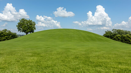 Obraz premium Green hill landscape under sunny sky. Ideal for nature, travel, and real estate websites