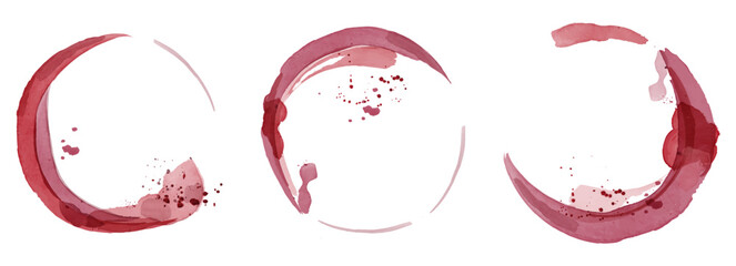 A set of round prints of red spots from wine, juice, pink drink. Wine splashes, spilled liquid, blotches. Isolated. Vector illustration.