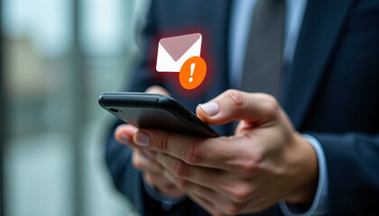 Businessman holding a smartphone with a notification icon for new email messages