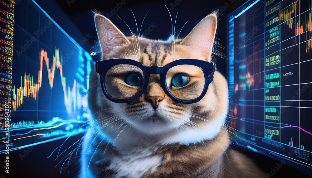 Poster intelligent feline in glasses scrutinizing stock market data on a screen a hightech kitty mastering 