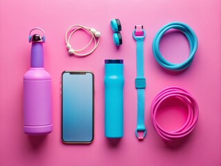 Naklejka premium Flatlay Fitness Essentials: Smartwatch, Earbuds, Jump Rope & Water Bottle on Pink