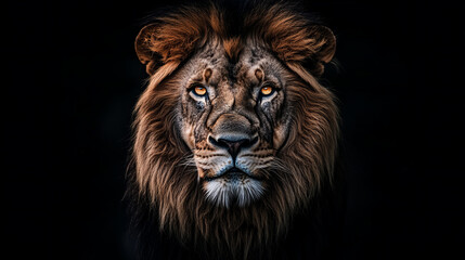 Naklejka premium Powerful male lion close-up with piercing amber eyes and thick mane on a dark background, symbolizing strength and wildlife beauty