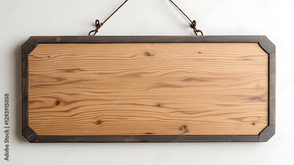 Poster rustic wood grain sign with dark frame hanging on rope with empty space for text or design