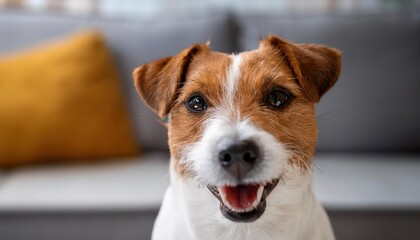 Cozy Modern Living Room with a Playful Jack Russell Terrier Bright and Cheerful CloseUp Portrait in a Stylish Interior Space