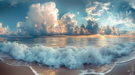 Breathtaking seascape panorama with golden sunlight breaking through dramatic clouds over tranquil ocean waves and sandy beach horizon
