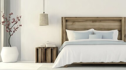 A modern farmhouse bedroom with a wooden headboard and cotton linens.