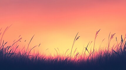 Obraz premium Abstract landscape featuring a warm gradient sky with dark grass silhouettes in foreground