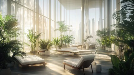 A modern loft with floor-to-ceiling windows and an abundance of greenery.