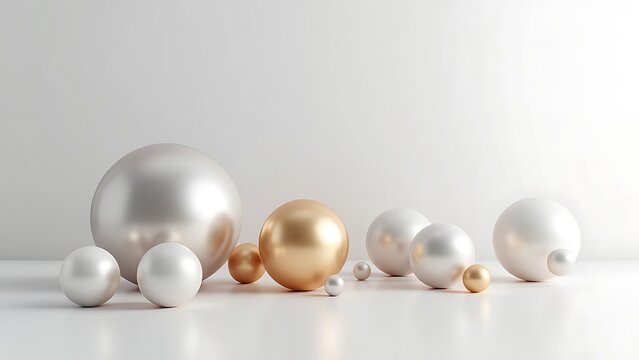 Spherical Harmony Silver Golden and White Pearl Composition Glossy Rendered Abstract Arrangement