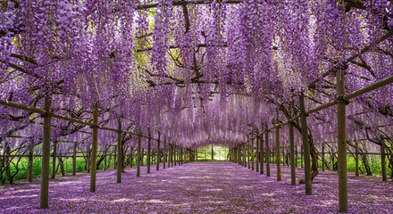 Stunning wisteria tunnel with cascading purple flowers in Japan, capturing the vibrant beauty of the Wisteria Festival. A picturesque scene of nature's tranquility, perfect for springtime admiration