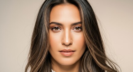 Naklejka premium Close-up portrait of a woman with long, flowing hair and a natural look