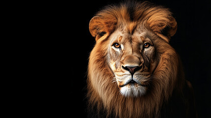 Fototapeta premium Powerful male lion close-up with piercing amber eyes and thick mane on a dark background, symbolizing strength and wildlife beauty