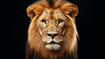 Fototapeta premium Powerful male lion close-up with piercing amber eyes and thick mane on a dark background, symbolizing strength and wildlife beauty