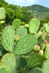 Closeup Vibrant Green Prickly Pear Cactus Pads with Fruit
