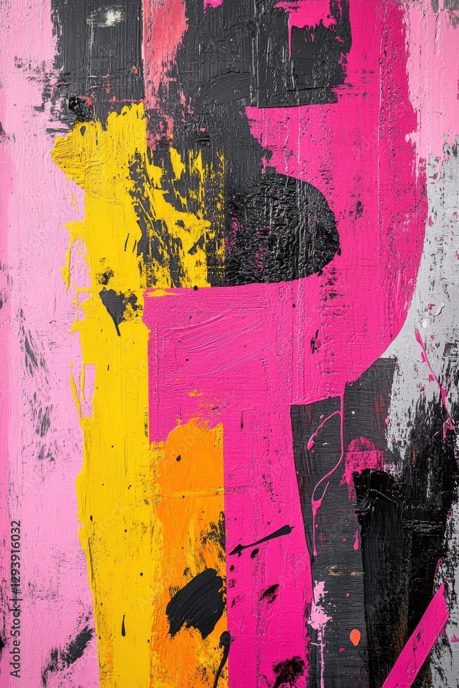 Poster expressive abstract artwork featuring bold strokes of pink yellow and black creating a dynamic compo