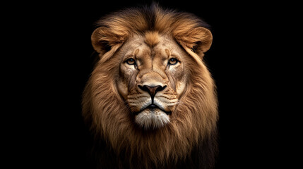Naklejka premium Powerful male lion close-up with piercing amber eyes and thick mane on a dark background, symbolizing strength and wildlife beauty