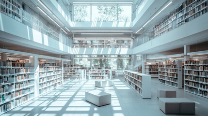 Obraz premium Modern Library Interior with Sunlight and Bookshelves