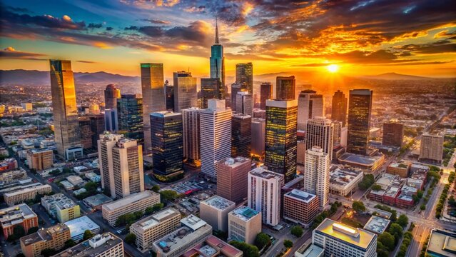 Aerial View: Koreatown to LA Financial District Skyline Panorama