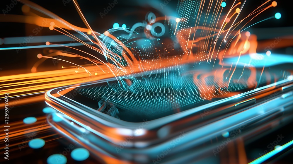 Aufkleber abstract digital data network on smartphone screen glowing lines and particles futuristic technology
