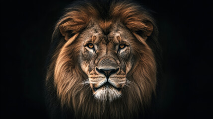 Fototapeta premium Majestic male lion portrait with intense amber eyes and thick mane against a dramatic black background, perfect for wildlife and conservation themes