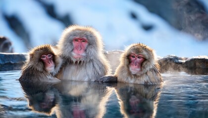 Fototapeta premium Snow Monkeys Relaxing in Hot Springs Amidst Snowy Landscape, Capturing Tranquility and Harmony in Winters Majesty