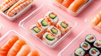 Delicious Sushi Platter: Assorted Rolls and Nigiri in Clear Plastic Containers on Pink Background