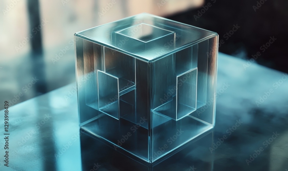 Poster translucent cube maze intricate reflective geometric design