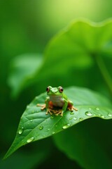 Obraz premium A Vibrant Green Frog Perched on a Dew-Kissed Leaf in Lush Foliage