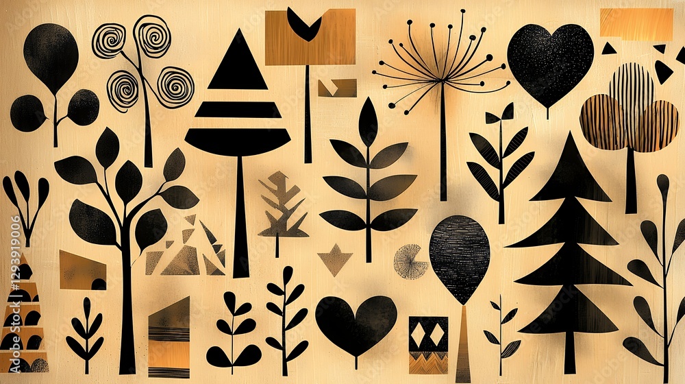 Poster abstract forest of stylized trees on a textured beige background