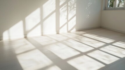 Sunlight streams through window onto room's floor, minimalist interior design, peaceful mood